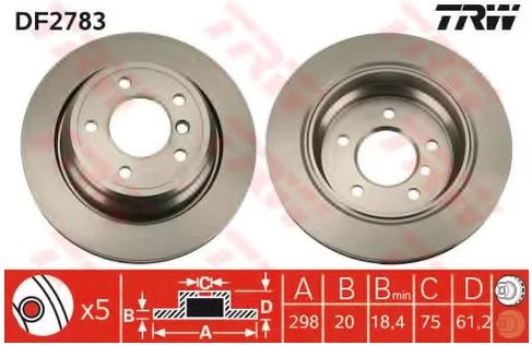 Диск тормозной задний BMW 5 TRW DF 2783, D=298 мм
