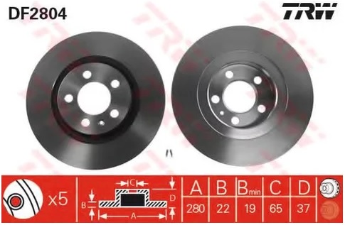 Диск тормозной передний AUDI A3, SEAT LEON, TOLEDO TRW DF 2804, D=280 мм