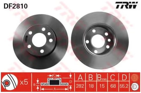 Диск тормозной передний VW KOMBI, Transporter TRW DF 2810, D=282 мм