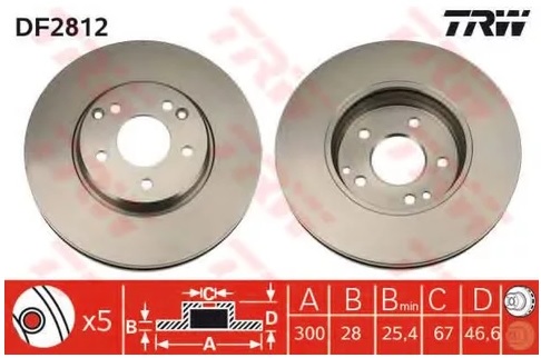Диск тормозной передний Chrysler Crossfire, Mercedes C-CLASS, CLC-CLASS TRW DF 2812, D=300 мм