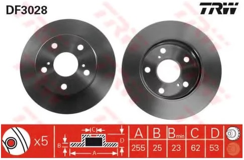 Диск тормозной передний Chrysler Voyager, Dodge Caravan, Toyota Previa TRW DF 3028, D=255 мм