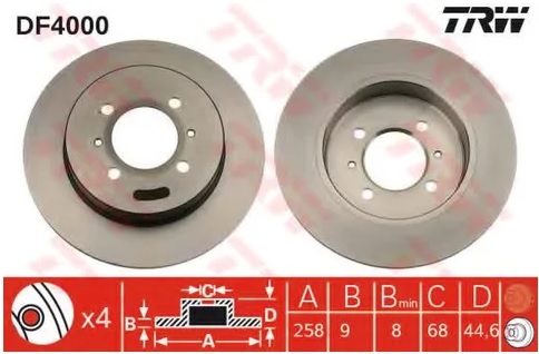 Диск тормозной задний Nissan 100NX, Almera, Sunny TRW DF 4000, D=258 мм