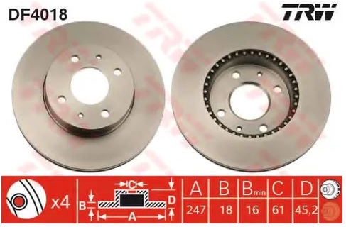 Диск тормозной передний Nissan Almera TRW DF 4018, D=247 мм