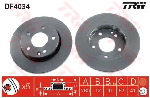 Диск тормозной передний Mercedes A-CLASS TRW DF 4034, D=260 мм