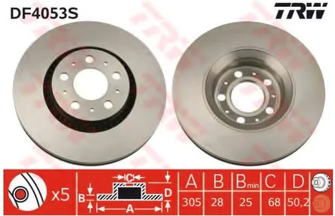 Диск тормозной передний Volvo S60, S80, V70, XC70 TRW DF 4053S, D=305 мм