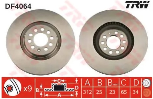 Диск тормозной передний Audi A3, TT, VW Golf, Bora TRW DF 4064, D=312 мм