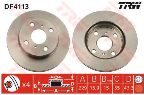 Диск тормозной передний Toyota Starlet TRW DF 4113, D=229 мм