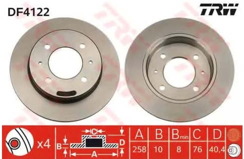 Диск тормозной задний Hyundai Coupe, Elantra, Lantra TRW DF 4122, D=258 мм