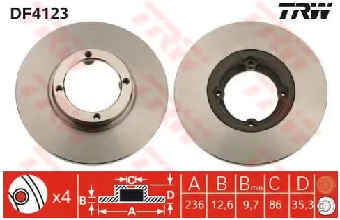 Диск тормозной передний Chevrolet Matiz, Spark, Daewoo Matiz TRW DF 4123, D=236 мм