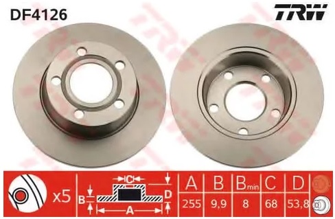 Диск тормозной задний Audi A6 TRW DF 4126, D=255 мм