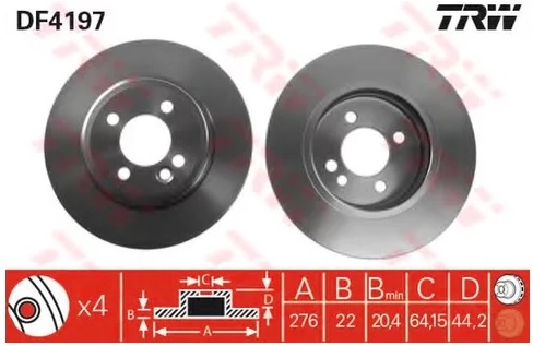 Диск тормозной передний MINI MINI R52, MINI R50, R53 TRW DF 4197, D=276 мм