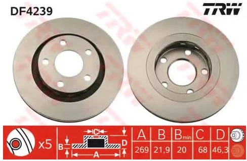 Диск тормозной задний Audi A6, A8 TRW DF 4239, D=269 мм