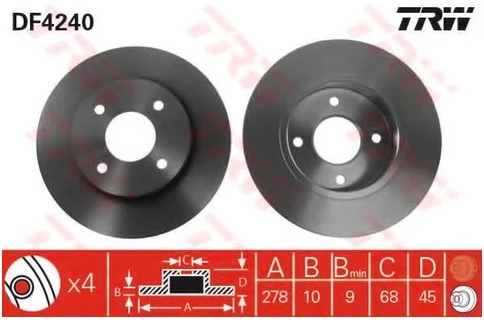 Диск тормозной задний Nissan Primera TRW DF 4240, D=278 мм