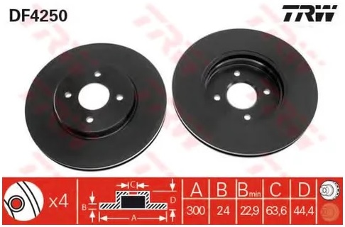 Диск тормозной передний Ford Focus TRW DF 4250, D=300 мм