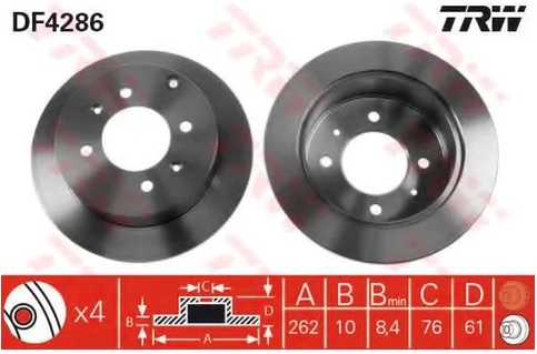 Диск тормозной задний Hyundai Matrix, Sonata, Kia Magentis TRW DF 4286, D=262 мм