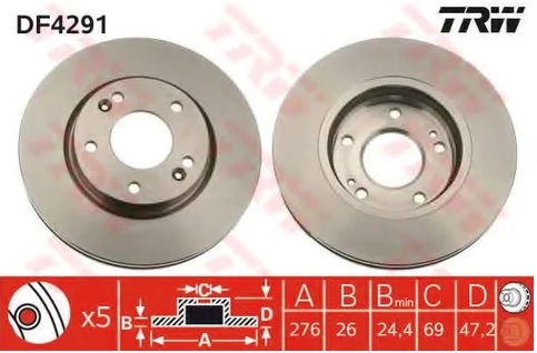 Диск тормозной передний Hyundai Galloper, HIGHWAY VAN, Santa Fe, Trajet TRW DF 4291, D=276 мм