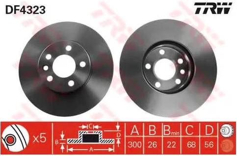 Диск тормозной передний Ford Galaxy, VW T4 TRW DF 4323, D=300 мм