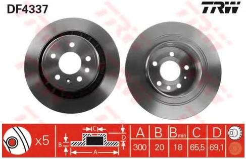 Диск тормозной задний Saab 9-5 TRW DF 4337, D=300 мм