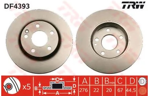 Диск тормозной передний Mercedes A-CLASS, B-CLASS TRW DF 4393, D=276 мм