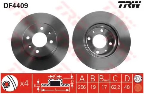 Диск тормозной передний Hyundai Getz TRW DF 4409, D=256 мм