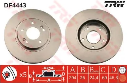 Диск тормозной передний Hyundai Santa Fe, Trajet TRW DF 4443, D=294 мм