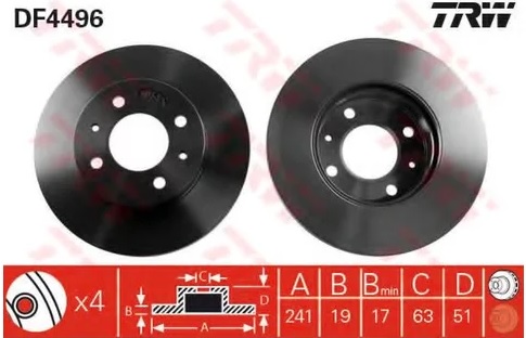 Диск тормозной передний Hyundai Accent TRW DF 4496, D=241 мм