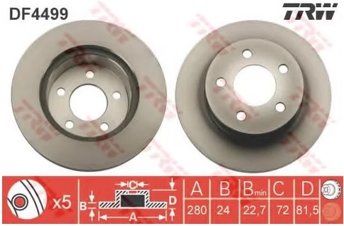 Диск тормозной передний JEEP CHEROKEE TRW DF 4499, D=280 мм