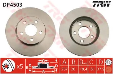 Диск тормозной передний Chrysler Neon, Dodge TRW DF 4503, D=257 мм