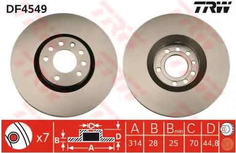 Диск тормозной передний Opel Signum, Vectra, Saab 9-3 TRW DF 4549, D=314 мм