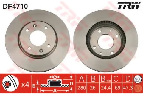 Диск тормозной передний Hyundai Elantra, Sonata, Kia Magentis TRW DF 4710, D=280 мм