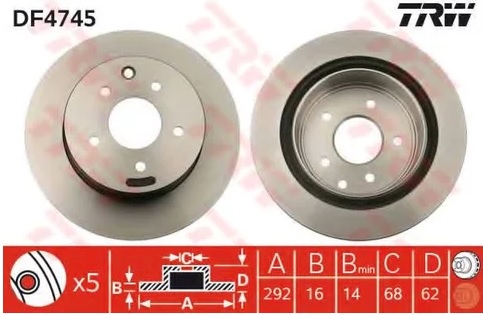 Диск тормозной задний Nissan, Renault TRW DF 4745, D=292 мм