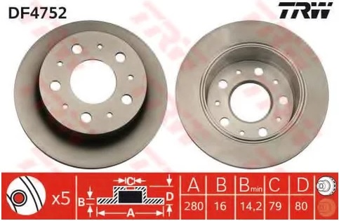 Диск тормозной задний Citroen JUMPER, Fiat DUCATO, Peugeot BOXER TRW DF 4752, D=280 мм