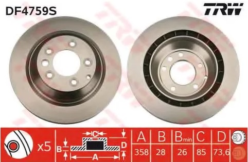 Диск тормозной задний Audi Q7, Porsche Cayenne, VW Touareg TRW DF 4759S, D=358 мм