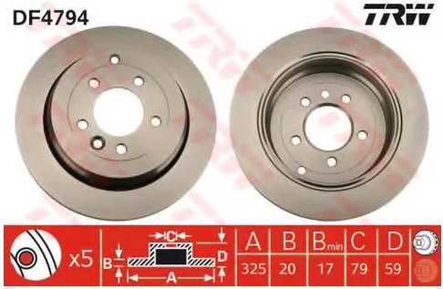 Диск тормозной задний Land Rover Discovery, Range Rover Sport TRW DF 4794, D=325 мм