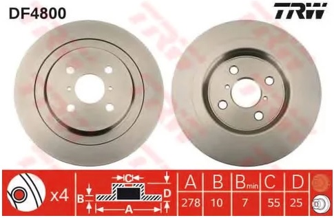 Диск тормозной задний Toyota Yaris TRW DF 4800, D=278 мм