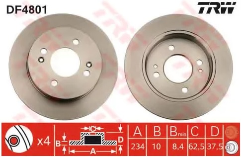 Диск тормозной задний Hyundai i10, Kia Picanto TRW DF 4801, D=234 мм