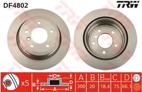 Диск тормозной задний BMW 1, 3, X1 TRW DF 4802, D=300 мм
