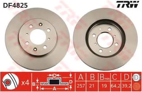 Диск тормозной передний Honda City, Jazz TRW DF 4825, D=258 мм