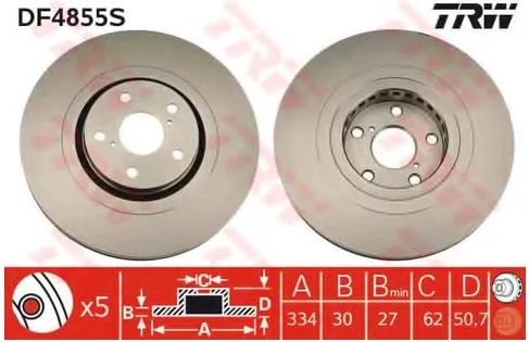 Диск тормозной передний Lexus GS, IS, RC TRW DF 4855S, D=334 мм