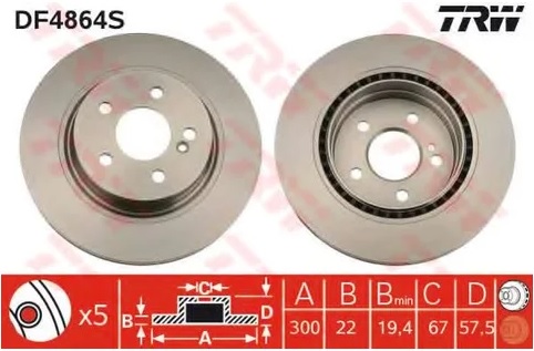 Диск тормозной задний Mercedes C-CLASS, E-CLASS TRW DF 4864S, D=300 мм