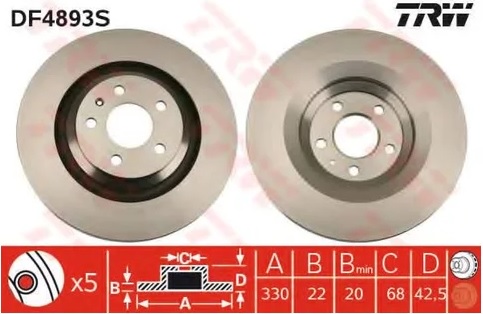 Диск тормозной задний Audi A6, A6 allroad TRW DF 4893S, D=330 мм