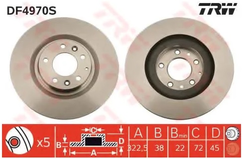 Диск тормозной передний Mazda RX-8 TRW DF 4970S, D=322 мм