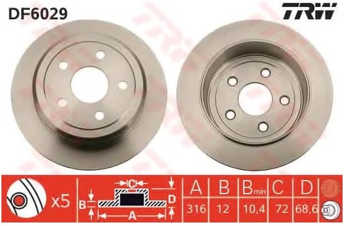 Диск тормозной задний Jeep Wrangler TRW DF 6029, D=316 мм