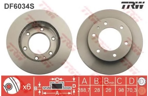 Диск тормозной передний Ford Ranger, Mazda BSERIE, BT-50 TRW DF 6034S, D=289 мм