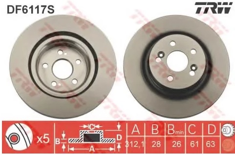 Диск тормозной передний Renault Clio, Megane TRW DF 6117S, D=312 мм