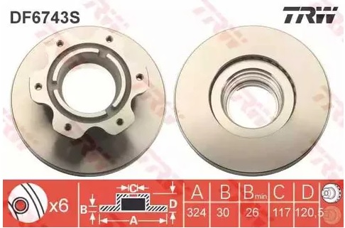 Диск тормозной задний Mercedes VARIO TRW DF 6743S, D=324 мм