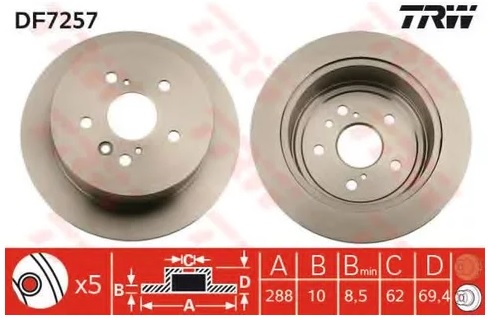 Диск тормозной задний Lexus RX, Toyota Harrier, Highlander TRW DF 7257, D=288 мм