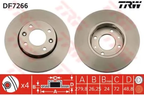Диск тормозной передний Kia Carens TRW DF 7266, D=280 мм