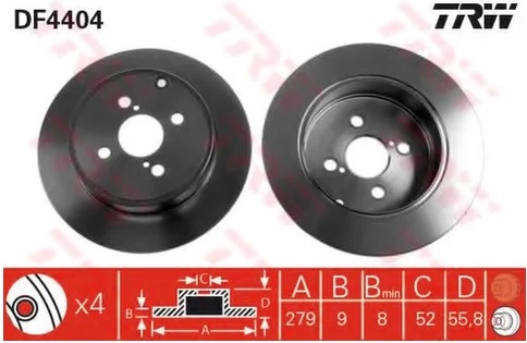 Диск тормозной задний Toyota Corolla TRW DF 4404, D=279 мм