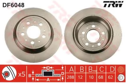 Диск тормозной передний Volvo S70, V70, XC70 TRW DF 6048, D=288 мм